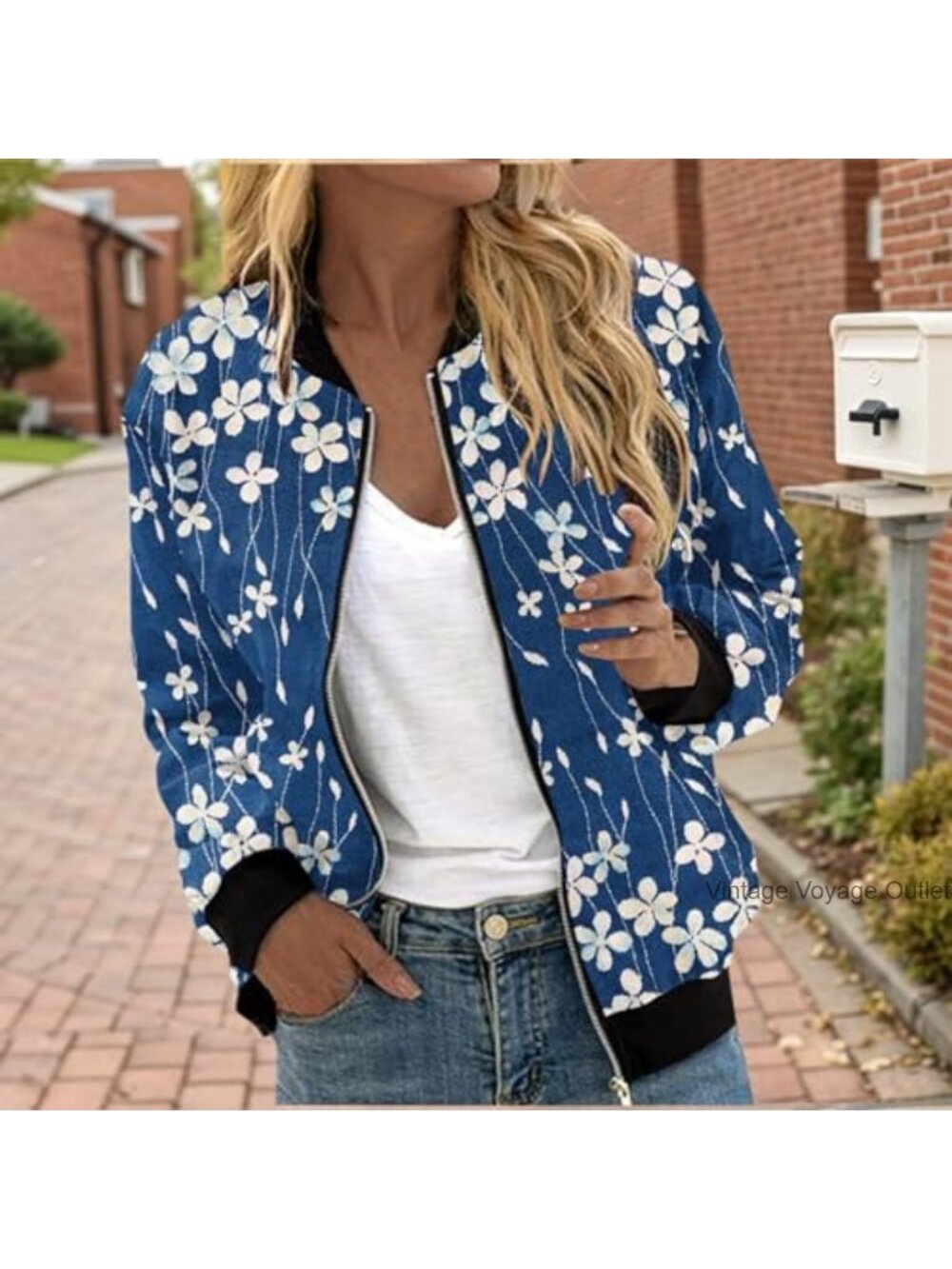 Women's Lightweight Polyester Floral Bomber Jacket Zip Up Long Sleeve - Picture 3 of 3